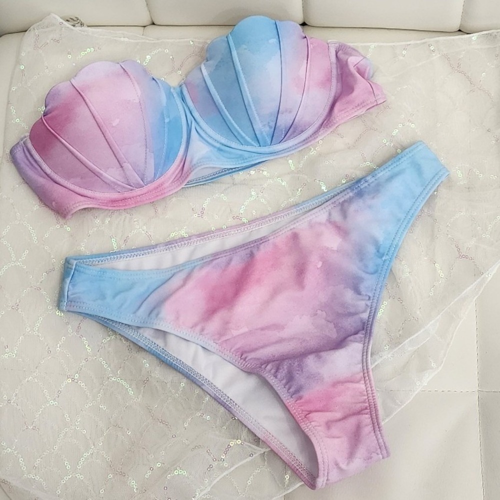 Mermaid Shell Bikini Set 3pc Pastel Tie Dye Underwire Top Sequin Cover Up